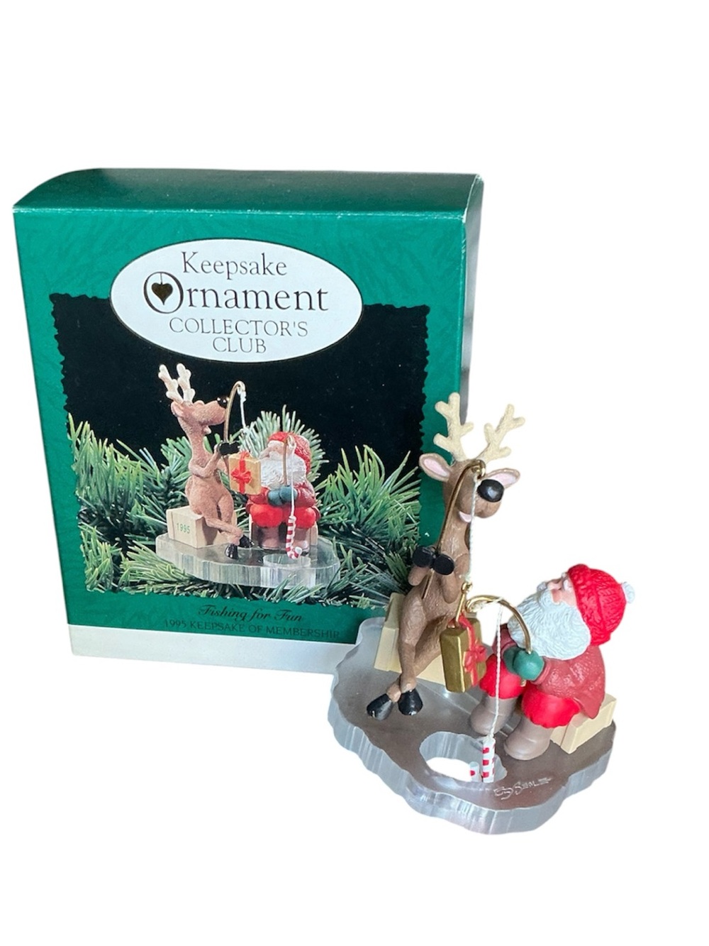 NWOT 1995 Hallmark Collector’s Club Fishing for Fun Santa & Reindeer Ornament